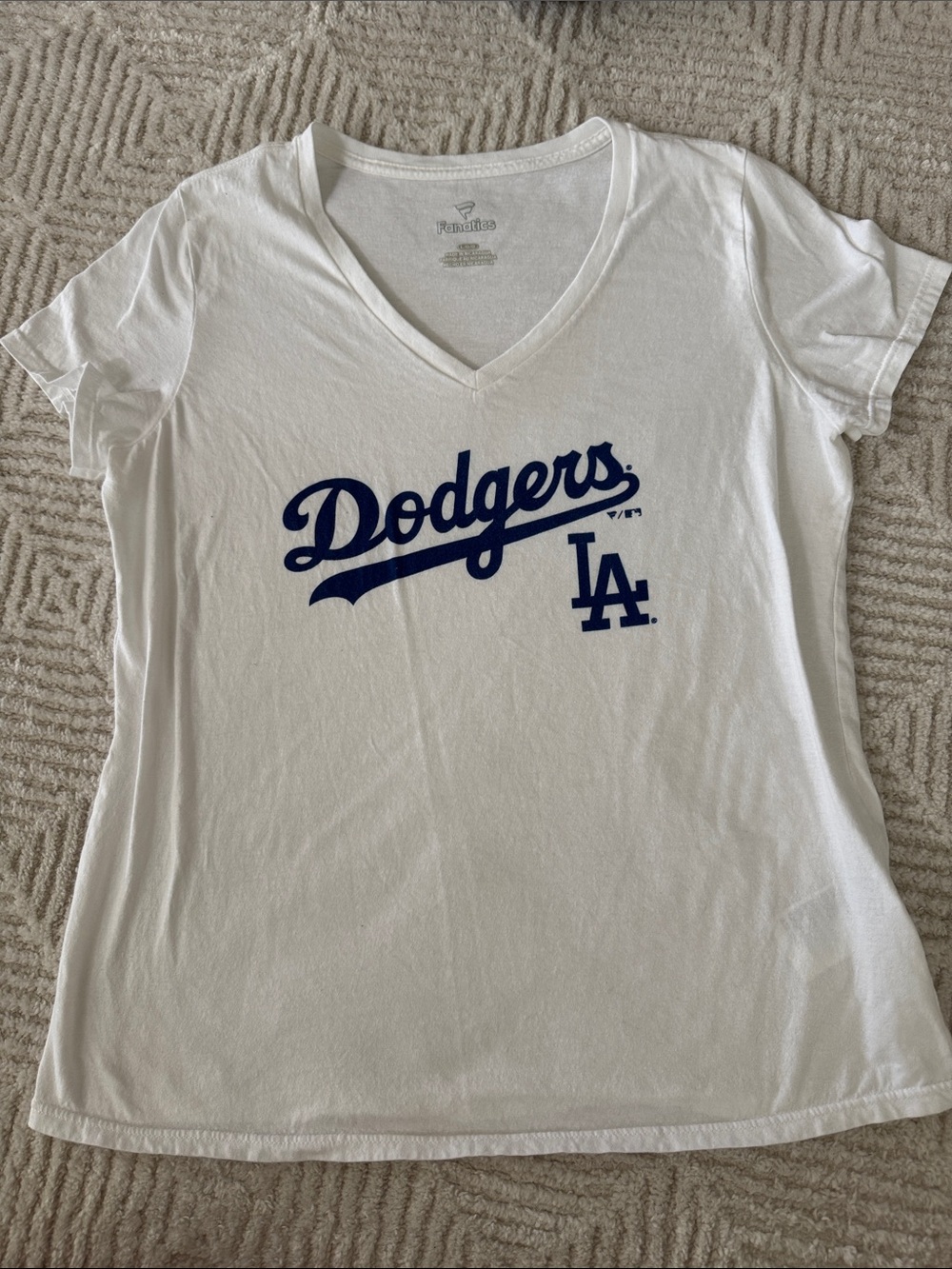Fanatics White Dodgers V-Neck Script Tee with Blue Logo